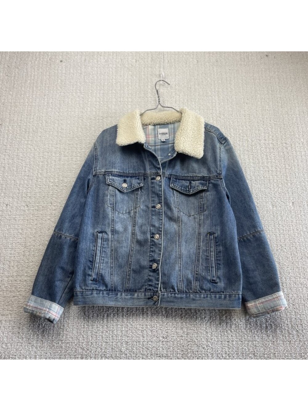 Y2K Kensie Jeans Cropped Button-Up Sherpa Collar Denim Jacket Wom Sz M Plaid